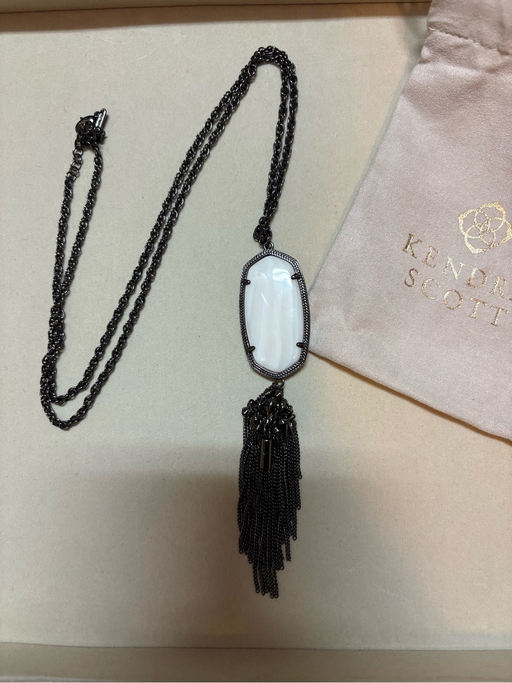 Kendra Scott Black Rayne Chain Necklace with White Stone and Tassel Pendant